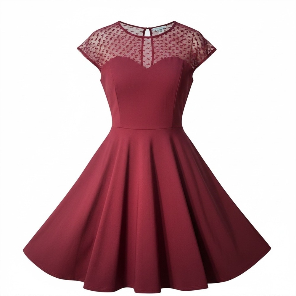 GownTown Dress Womens 3XL Red Excellent Mesh Heart Yoke Fit Flare Retro